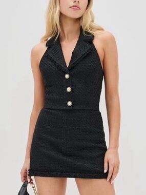 Black Tweed Halter Mini Dress with Gold Buttons